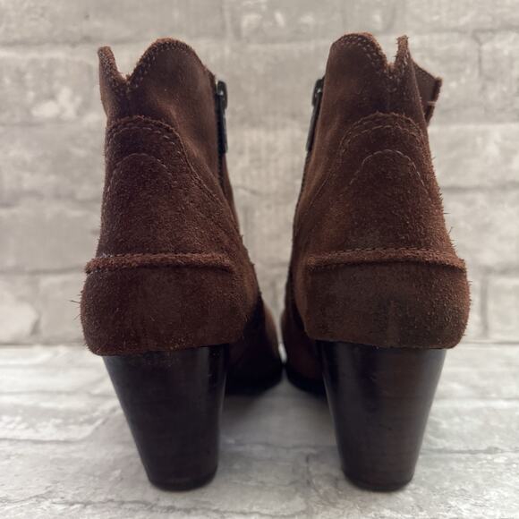 Frye Brown Suede Ankle Boots Cowboy Heeled Pointed Toe Zip Used Women's Size 6.5 - Picture 10 of 16